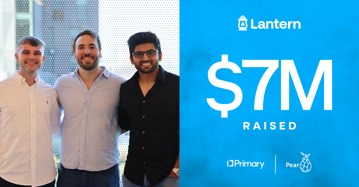 Lantern founders alongside text reading $7M raised, backed by Primary and Pear